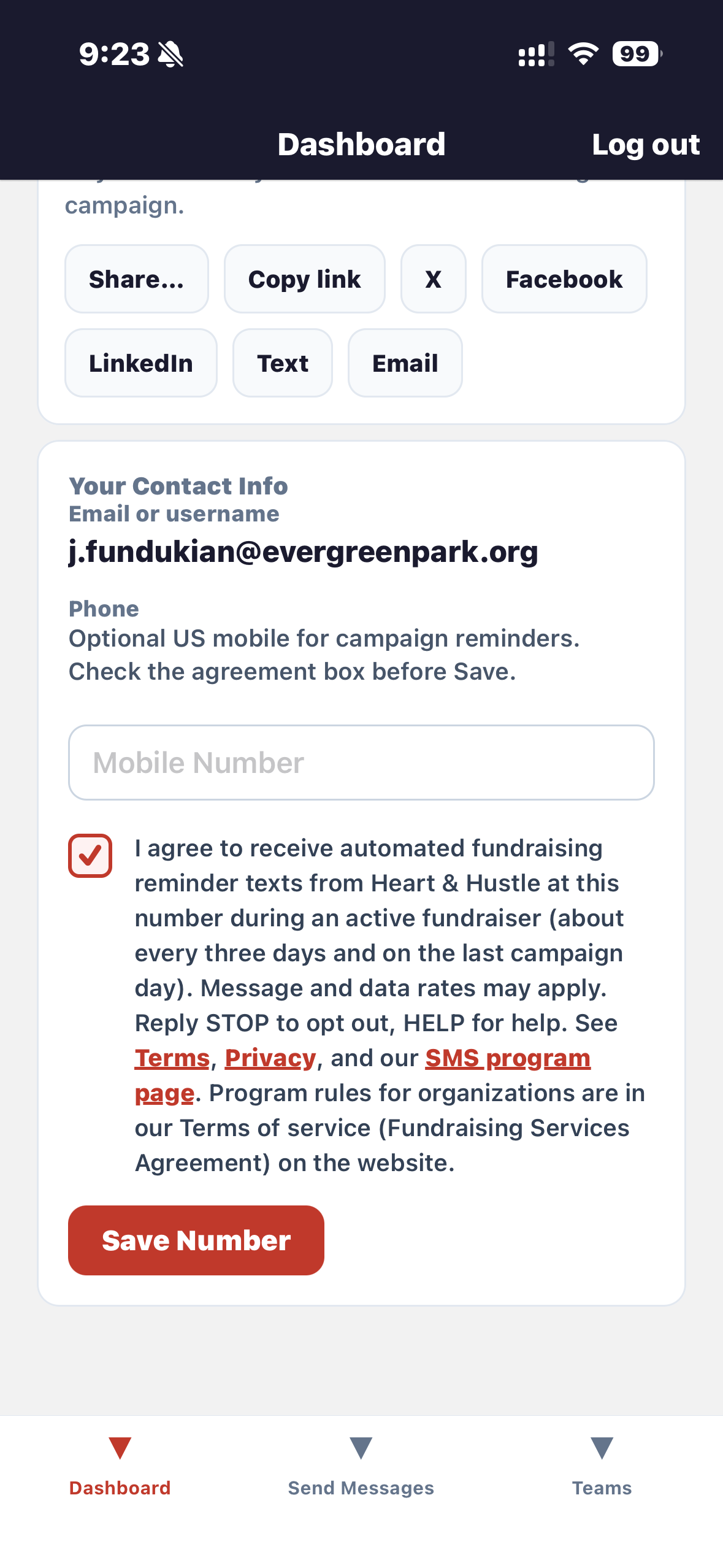 Heart and Hustle app Dashboard Your Contact Info screen showing checked SMS consent checkbox before Save