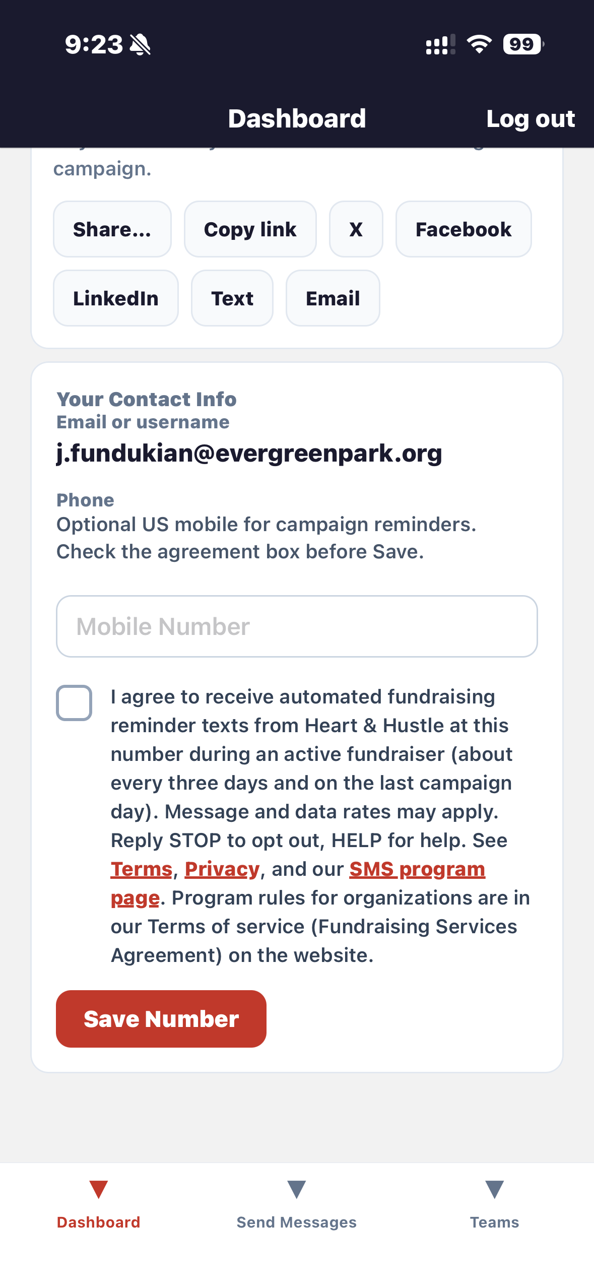 Heart and Hustle app Dashboard Your Contact Info screen showing unchecked SMS consent checkbox and phone field